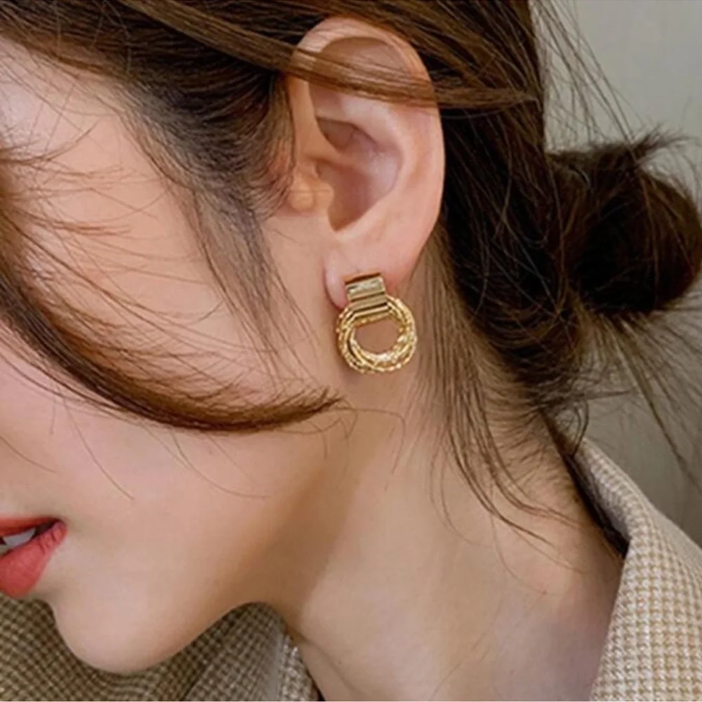 Gold Overlay Glam Lux Hoop Textured Circle Door Knocker Statement Earrings